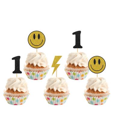 INNORU One Happy Dude Birthday Cupcake Toppers Smile Face 1st Birthday Party Decorations Smiley Face Baby Shower Hippie Birthday Wedding Party Decorations Supplies Pack of 24 Glitter