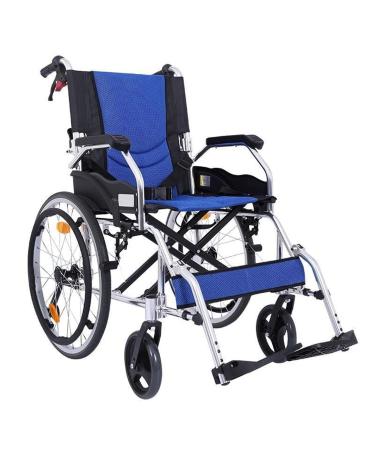 Manual Wheelchair Aluminum Alloy Portable Self-propelled Wheelchair Lightweight Transport Wheelchair with Handbrake (Blue)