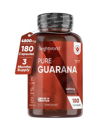 Caffeine Supplement with No Jitter - 4X More Caffeine Than Coffee - 180 Guarana Capsules (3 Months Supply) - Vegan & Natural Caffeine Pills with No After Effects - Guarana Tablets Alternative