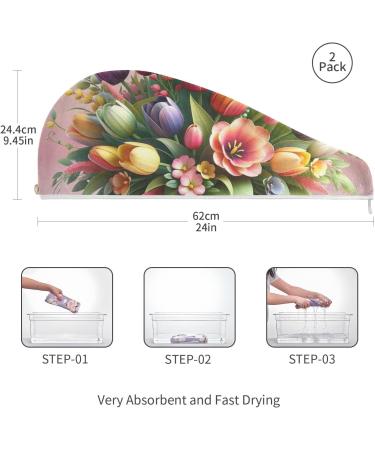 Elegant Tulip Flower Arrangement Hair Towel 2 Pack | Super Absorbent Quick Dry Hair Turbans for Women & Girls | Perfect Mother's Day Gift - Buy Online on GoSupps.com