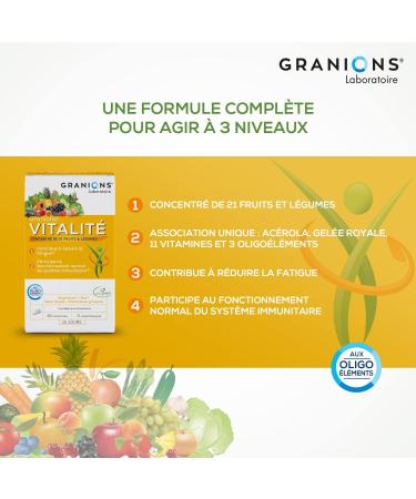 GRANIONS Vitality - 30 Tablets 15 Days - Oxxynea Patented Complex - Royal Jelly Acerola Vitamins of Group B Vitamin E Vitamin D3 Trace Elements - Passenger Fatigue - French Brand - Buy Online on GoSupps.com