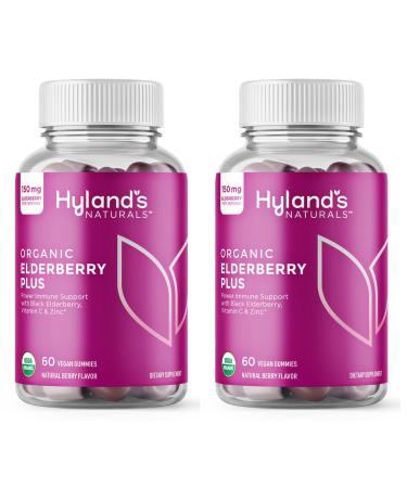 Hyland's Organic Sambucus Elderberry Gummies Black Elderberry with ZINC and Vitamin C Immune Support Supplement for Adults (2 Bottles of 60 Each) Naturals Adult Elderberry 60 Count (Pack of 2)