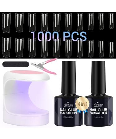 Cooserry Nail Tips and Glue Gel Kit with UV light - Gel Extension Nail Kit with 1000 Pcs C Curve Clear French Ballerina Acrylic Fake Nails, 4 in 1 20ml Nail Glue, Mini UV LED Nail Lamp and DIY Nail Art Tools Kit A