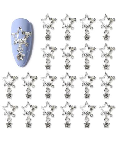 WOKOTO 30 Pcs Dangle Stars Nail Charms Silver Nail Charms for Nail Art Jewels Nail Rhinestones and Charms for Nails Designs Charms 3D Stars Charms for Acrylic Nails Stars Nail Art Gems for Women KIT2