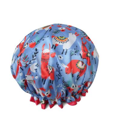 1 Pcs Satin Shower Cap for Women Cute Animal Printed Waterproof Bath Cap for Girl Long Hair (04 Llama Blue)