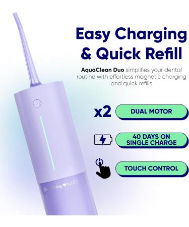 AquaClean Duo Water Flosser - Portable Waterproof Teeth Cleaner with Nozzle & Travel Bag | Dentist Designed Cordless Flosser for Braces - Pastel Purple - Buy Online on GoSupps.com