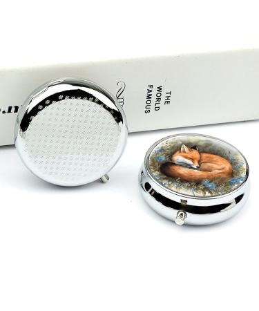 Decorative Round Pill Box - Sleeping Fox Print | 3 Compartment Portable Metal Pill Organizer | Stylish Pocket Pill Case for Travel - Buy Online on GoSupps.com