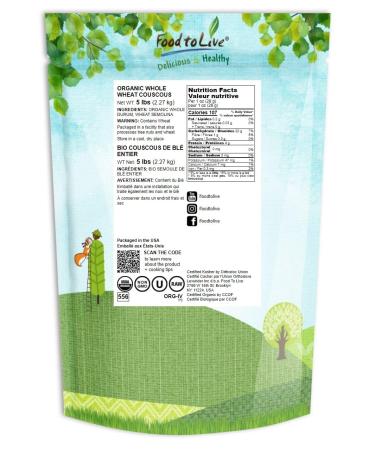 Organic Whole Wheat Couscous - 5 lbs | Non-GMO, Kosher, Raw, Vegan | Bulk Pack of 1 - Buy Online on GoSupps.com