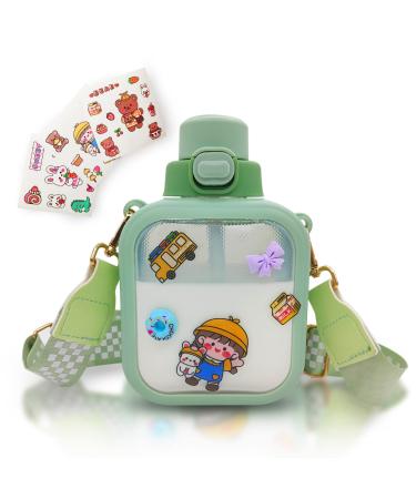 Kawaii Water Bottle Cute Water Bottles with Straw Square Kawaii Water Bottle with Adjustable Strap and Stickers Portable Leak Proof Drinking Cups for School Outdoor Travel BPA-Free 24oz (Green)