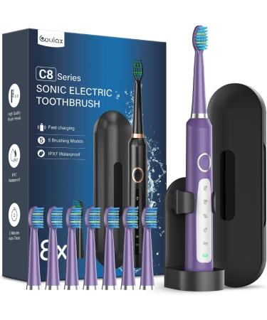 Sonic Electric Toothbrush for Adults and Kids - Sonic Toothbrushes with 8 Tooth Brush Replacement Head and 5 Brushing Modes 120 Days of Use with 3-Hour Fast Charge 2 Minute Smart Timer Purple 1 count (Pack of 1)