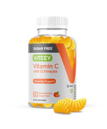Sugar Free Vitamin C with Echinacea Gummies for Immune Support - Herbal Dietary Vitamin Supplements for Adults Teens & Kids - Vegan Gelatin Free Gluten Free Non GMO - Chewable Orange Flavor Gummies 60 Count (Pack of 1)