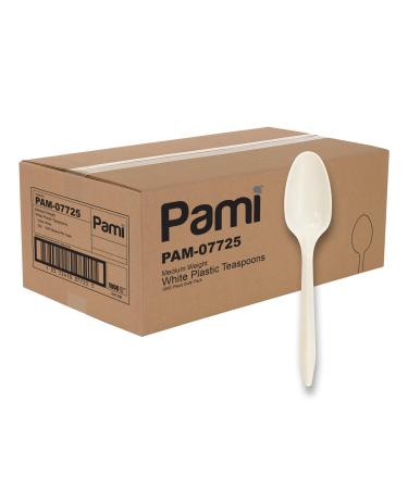 PAMI Medium Weight Disposable Plastic Teaspoons 1000-Pack - Bulk White Plastic Silverware For Parties Weddings Catering Food Stands Takeaway Orders & More- Sturdy Single-Use Partyware Teaspoons