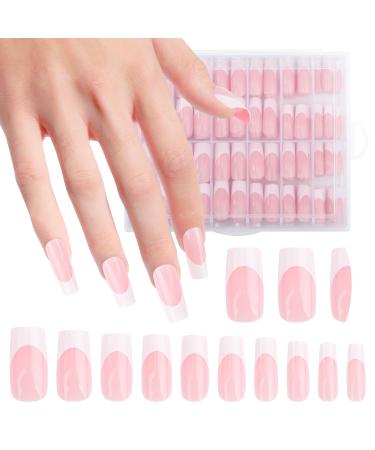 Press on Nails Square French False Nails Full Cover Coffin Fake Nails Nude Color False Nail Glossy French Tip Nail Art Manicure Decorations for Girls Women 360 Pieces