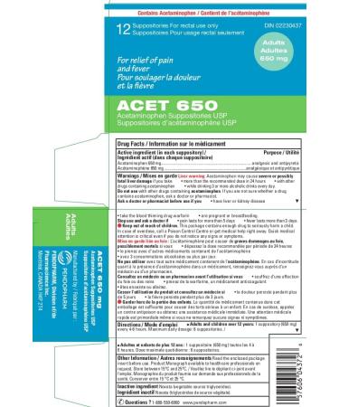 ACET Suppository for Fever & Pain 650mg - Fever Reducer Suppositories for Kids (12 & up) & Adults - Comfortable & Safe Acetaminophen Suppository - For Rectal Use Only ACET - 650 - Buy Online on GoSupps.com