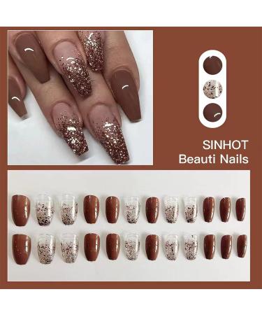 SINHOT Medium Coffin Press on Nails - Brown Gradient Acrylic with Glitter - 24 pcs - Buy Online on GoSupps.com