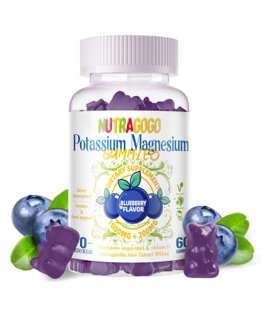 Potassium Magnesium Gummies Potassium Supplement w/Ashwagandha High Absorption Magnesium Glycinate B6 D3 Potassium Citrate for Leg Cramps Muscle Electroyte for Adults Kids Sugar-Free 60 Gummies Blueberry 60 Count (Pack of 1)