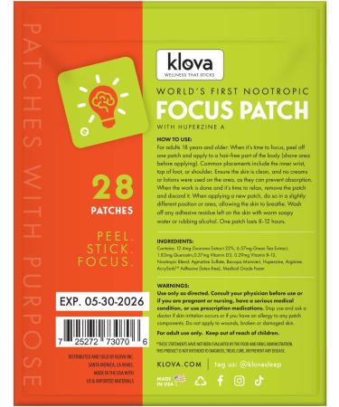 Klova Focus Patches - 28 Topical Patches for Enhanced Concentration - Buy Online on GoSupps.com