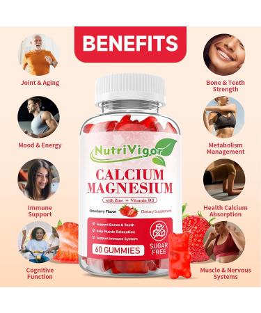 Calcium Magnesium Zinc Gummies with High Absorption Magnesium 300mg Calcium Supplement with D3 for Bone Muscles & Immune Support for Kids & Adults Strawberry Flavor 120 Count 60 Count (Pack of 2) - Buy Online on GoSupps.com