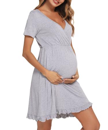 Doaraha Womens Maternity Nightdress Breastfeeding Nightgown Nursing Nightwear V-Neck 3/4 Sleeve Ruffle Cotton Nightshirt L B-grey
