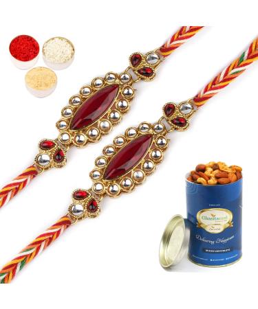 Ghasitaram Gifts Rakhis Online Set of Two J-3756 Big Oval Jewel Rakhiwith 100 GMS of Dryfruits Mix Can 2 Rakhi with 100 gms of Dryfruits Mix Can