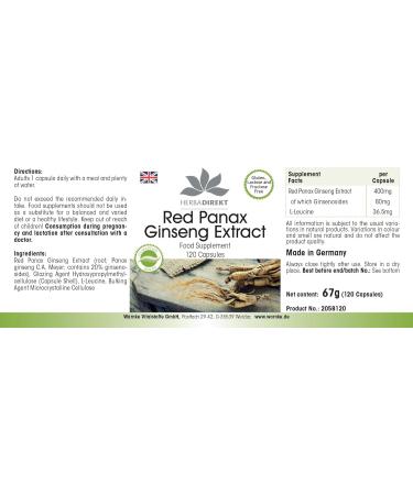 Panax Red Ginseng Extract - 120 Capsules - 20% Ginsenoside | herba direkt - German Pharmacy Quality - Buy Online on GoSupps.com