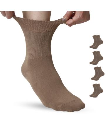 SERISIMPLE Bamboo Non Binding Sock Women Diabetic Top Ankle Socks Loose Fit Seamless Toe Wide Stretchy Crew Socks 4 Pairs 10-14 Khaki
