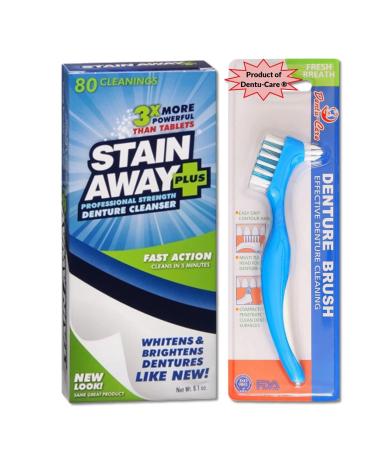 Stainaway Denture Cleaner 80 Cleaning Tablets Bundle With Dentu-Care Denture Brush for Maintaining Good Oral Care of Full/Partial Dentures. Brings Out the Sparkle in Your Dentures