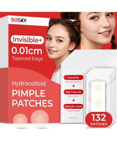 Sosky Pimple Patches for Face 0.01 Invisible+ Hydrocolloid Acne Patches Zit Sticker for Face and Skin Pimple Patches for Covering Zits Blemishes with Salicylic Acid 2 Sizes 132 Count