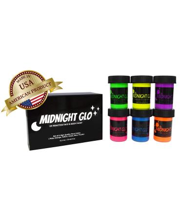 Midnight Glo UV Face & Body Paint Set - 6 Bottles x 0.75 oz - Blacklight Reactive, Fluorescent, Safe & Washable - Buy Online on GoSupps.com