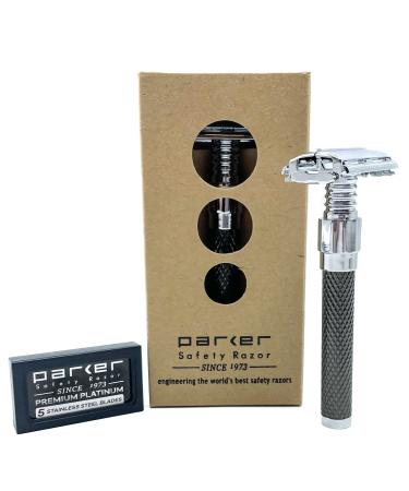 Parker 92R Graphite Gray Long Handle Heavyweight Butterfly Open Double Edge Safety Razor for Men 5 Parker Premium Platinum Double Edge Razor Blades Included