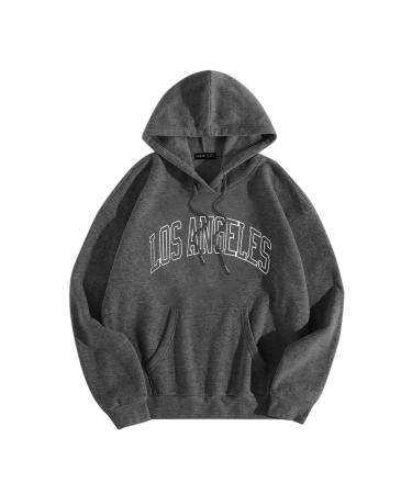 Men's Letter Graphic Long Sleeve Hoodies Drawstring Pullover Hooded Sweatshirt Tops with Kangaroo Pocket Medium Dark Gray