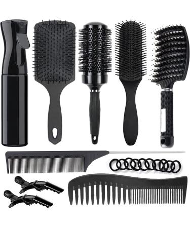 9PCS Hair Brush Set Round Brush and Paddle Hair Brush Great On Wet Long Thick Hair  Detangling Brush and Spray Bottle for Wavy Curly Hair  Meet Your Family's Daily Hair Care Needs Black-7 piece set