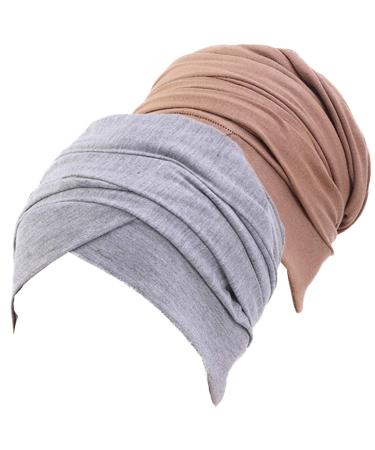 Turban Head Wrap Scarf African Soft Long Scarf Shawl Hair Boho Headwrap Stretch Headband Tie for Women Gray&khaki