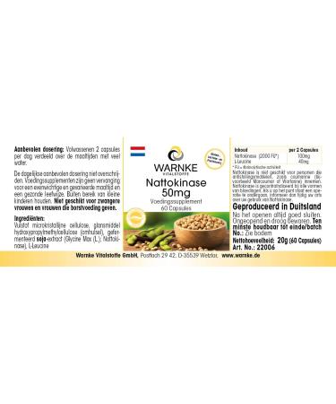 Nattokinase Capsules 50mg - 2000 FU Daily - 60 Capsules | Warnke Vitalstoffe - Premium German Pharmacy Quality for Heart Health - Buy Online on GoSupps.com
