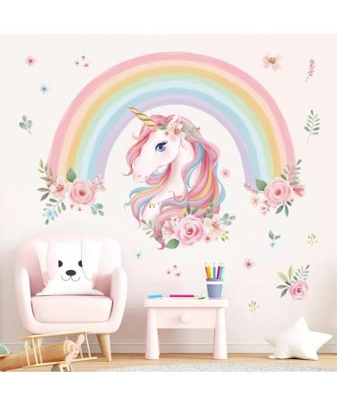 wondever Large Rainbow Wall Decals Unicorn Flower Peel and Stick Wall Art Stickers for Girls Bedroom Kids Room Baby Nursery