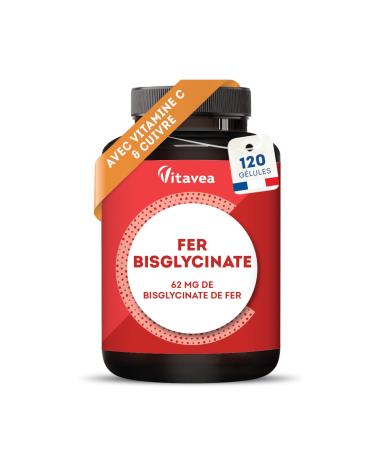 Fer Bisglycinate 14 mg + Vitamine C & Cuivre - Haute absorption R duit la Fatigue Soutien Immunitaire - Avec Cuivre - 120 g lules Vegan - Fabriqu en France - Vitavea