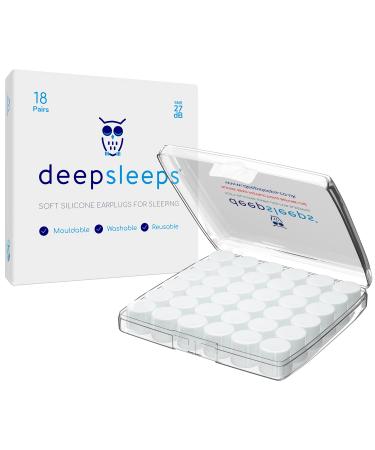 Deep Sleeps Silicone Ear Plugs for Sleeping 18 Pairs - 27dB Noise Cancelling Soft Re-Usable Waterproof Premium Moldable Silicon Earplugs for Sleep Travelling Studying Wax 18 Pairs Soft Silione Earplugs