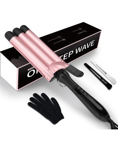 3 Barrel Curling Iron 7.5 inch Long Extended Wand Tourmaline Triple Barrels with LCD Temp Display Beach Waves Hair Crimper Pink