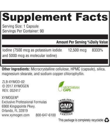 XYMOGEN XymoDine High Potency Iodine Supplement - 12.5g for Healthy Thyroid Hormone Synthesis - Potassium Iodide & Molecular Iodine (90 Capsules) - Buy Online on GoSupps.com