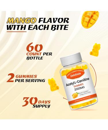 Acetyl L-Carnitine Gummies 2000mg - Vegan L-Carnitine Supplement for Energy Fatty Acid Oxidation Immunity & Metabolism - 60 Count Mango Flavor - Buy Online on GoSupps.com