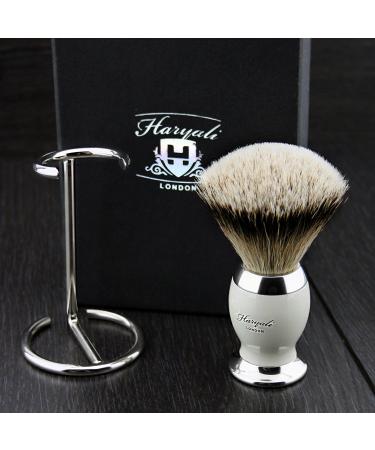 Top grade silver tip badger hair with off-white & metal handle and stainless steel stand