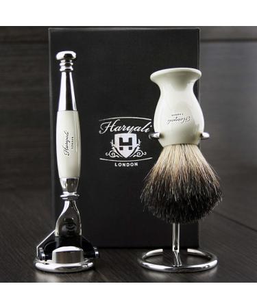 Mens Shaving Kit 3 Edge Razor With Black Badger Hair Shaving Brush Cone Shaped Razor Stand and Brush Stand Perfect Set For Men