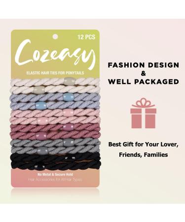 Cozeasy 12-Piece Elastic Hair Tie Set for Thick & Curly Hair - No Metal Ponytail Holders in Ivory Smoke Blue Pink Cherry Gray & Black - Buy Online on GoSupps.com