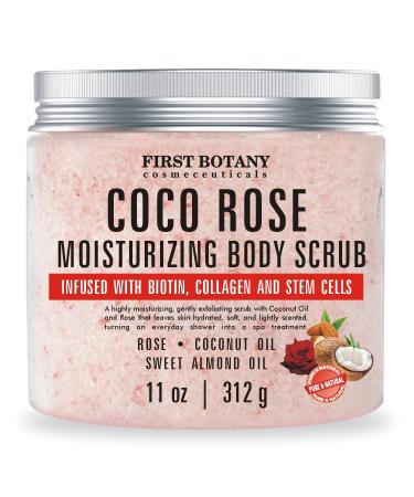 Coconut Rose Body Scrub Exfoliator with Biotin, Collagen, Stem Cells - Natural Exfoliating Salt Scrub & Body and Face Souffle helps with Moisturizing Skin, Acne, Cellulite, Skin Scars, Wrinkles- 11 oz
