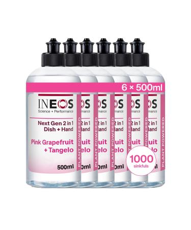 INEOS Next-Gen 2in1 Washing Up Liquid 3L (500ml x 6) 1000 Sinkfuls Dishwashing + Handwashing Plant Powered Pink Grapefruit + Tangelo Pink Grapefruit & Tangelo