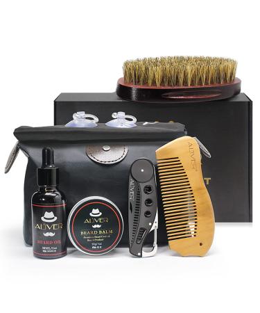 Upgraded Beard Grooming Kit 6 PCs Facial Hair Care kit with Organic Beard Oil Leave-in Conditioner Bib Brush Combs Beard Balm Butter Wax for Beard Styling Growth with Large Capacity Storage Bag