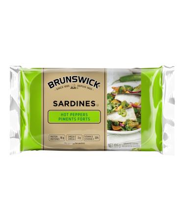 Brunswick Sardines with Hot Peppers - 106g 18 Count - Canned Sardines Excellent Source of Protein - 16g of Protein Per 84g Serving Drained - Contains Omega-3 - High in Vitamin D - Source of Iron