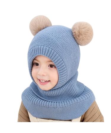 Baby Balaclava Kids Winter Warm Hat Scarf Warm Knitted Hood Hat with Double Pom Pom Design Beanie Caps for Baby Girls Boys Cute Small Bear Winter Hat D-D One Size