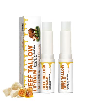 2PCS Grass-Fed Beef Tallow Lip Balm Moisturizing Cream Whipped Manuka Tallow and Honey Balm Soothes Chapped Dry Lips Sensitive Skin Tallow Balm for Lip Softening & Hydration
