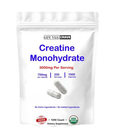 BUY THE CRAVE Micronized Creatine Monohydrate 1000 Capsules 250 Servings 750mg of Creatine Monohydrate Per Capsule 3000mg Per Serving